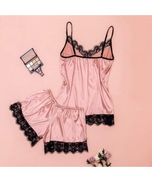 Sets Sleepwear for Women Sexy Plus Size Lace Satin Camisole Bow Trousers Shorts Casual Girls Pajamas Three Piece Set Pink - C...