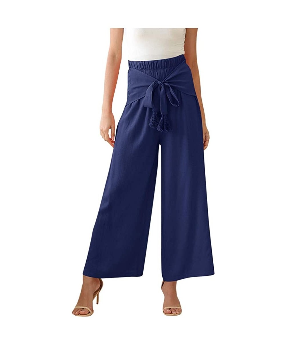 Slips Women's Wide Bow Leg Pants Summer Casual Comfy Workout High Waist Active Elastic Waist Trousers - Navy - CL190U3XO69