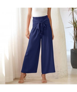 Slips Women's Wide Bow Leg Pants Summer Casual Comfy Workout High Waist Active Elastic Waist Trousers - Navy - CL190U3XO69