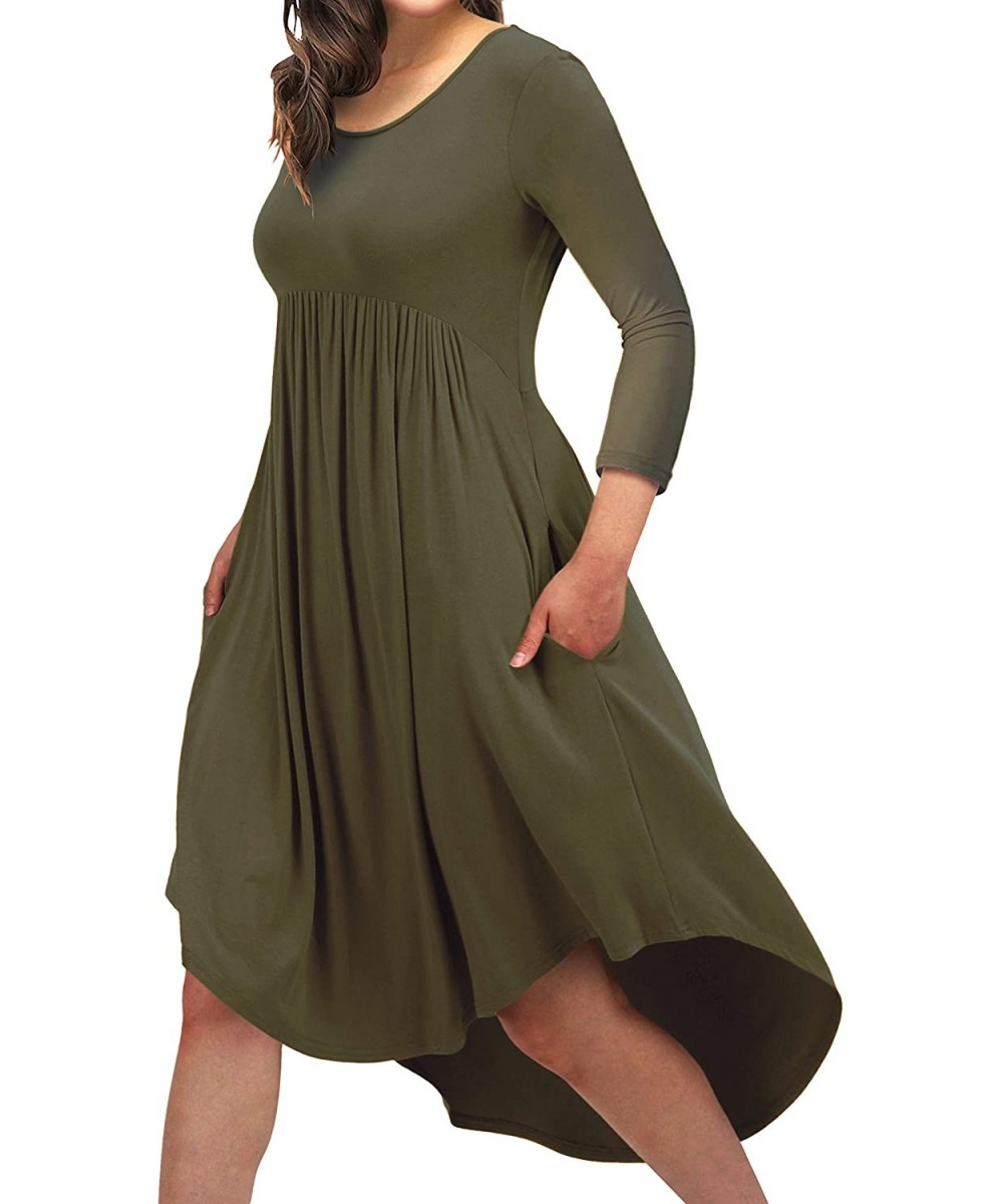 Nightgowns & Sleepshirts Women High Low Empire Waist Pleated Flowy Loungewear Pocket Midi Dress - Armygreen(3/4 Sleeve) - CJ1...