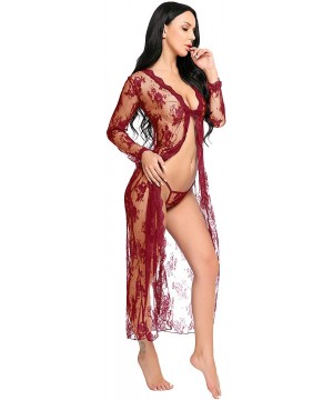 Robes Lingerie for Women Sexy Long Lace Dress Sheer Gown See Through Kimono Robe - Wine Red - CB19CMLW45X