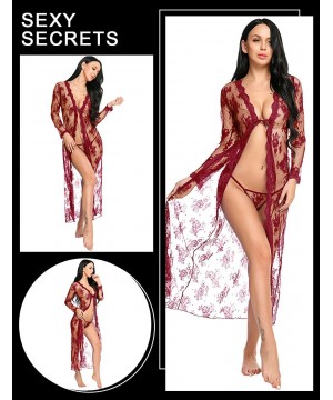 Robes Lingerie for Women Sexy Long Lace Dress Sheer Gown See Through Kimono Robe - Wine Red - CB19CMLW45X