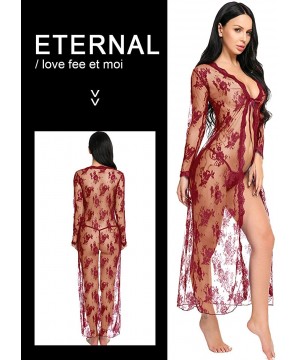 Robes Lingerie for Women Sexy Long Lace Dress Sheer Gown See Through Kimono Robe - Wine Red - CB19CMLW45X