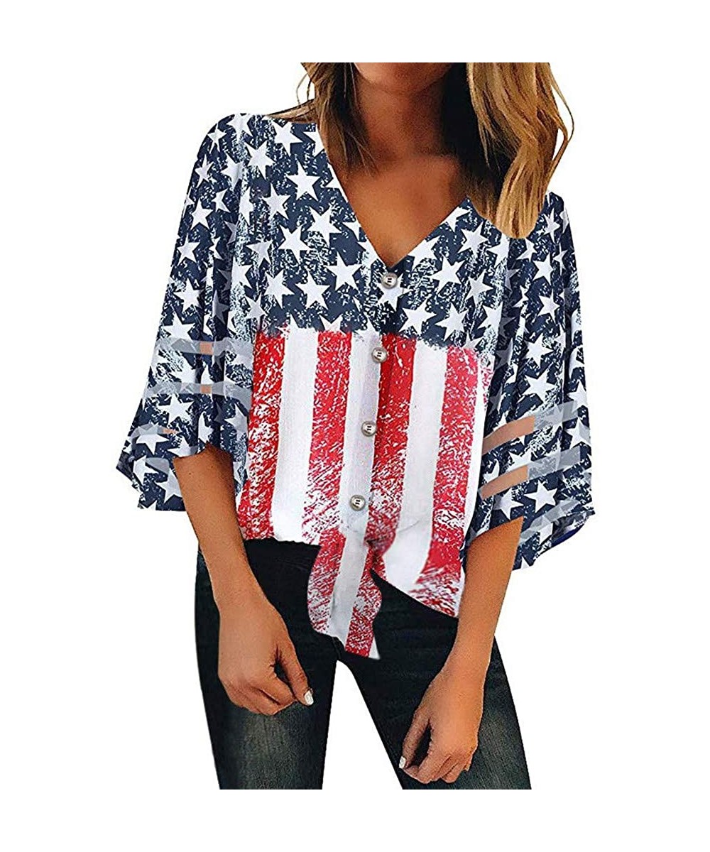 Shapewear Women American Flag Off Shoulder Mesh Panel Blouse 3/4 Bell Sleeve Top Shirt - Red-a - CV18TZY09WC