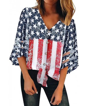 Shapewear Women American Flag Off Shoulder Mesh Panel Blouse 3/4 Bell Sleeve Top Shirt - Red-a - CV18TZY09WC