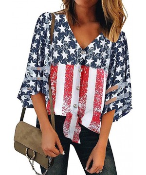 Shapewear Women American Flag Off Shoulder Mesh Panel Blouse 3/4 Bell Sleeve Top Shirt - Red-a - CV18TZY09WC