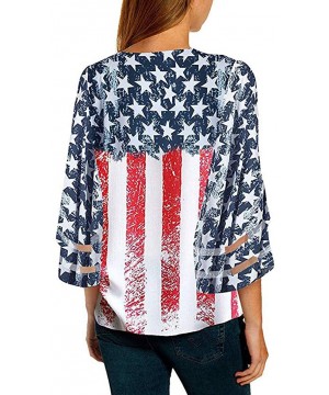 Shapewear Women American Flag Off Shoulder Mesh Panel Blouse 3/4 Bell Sleeve Top Shirt - Red-a - CV18TZY09WC