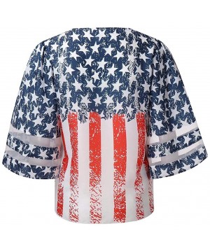 Shapewear Women American Flag Off Shoulder Mesh Panel Blouse 3/4 Bell Sleeve Top Shirt - Red-a - CV18TZY09WC