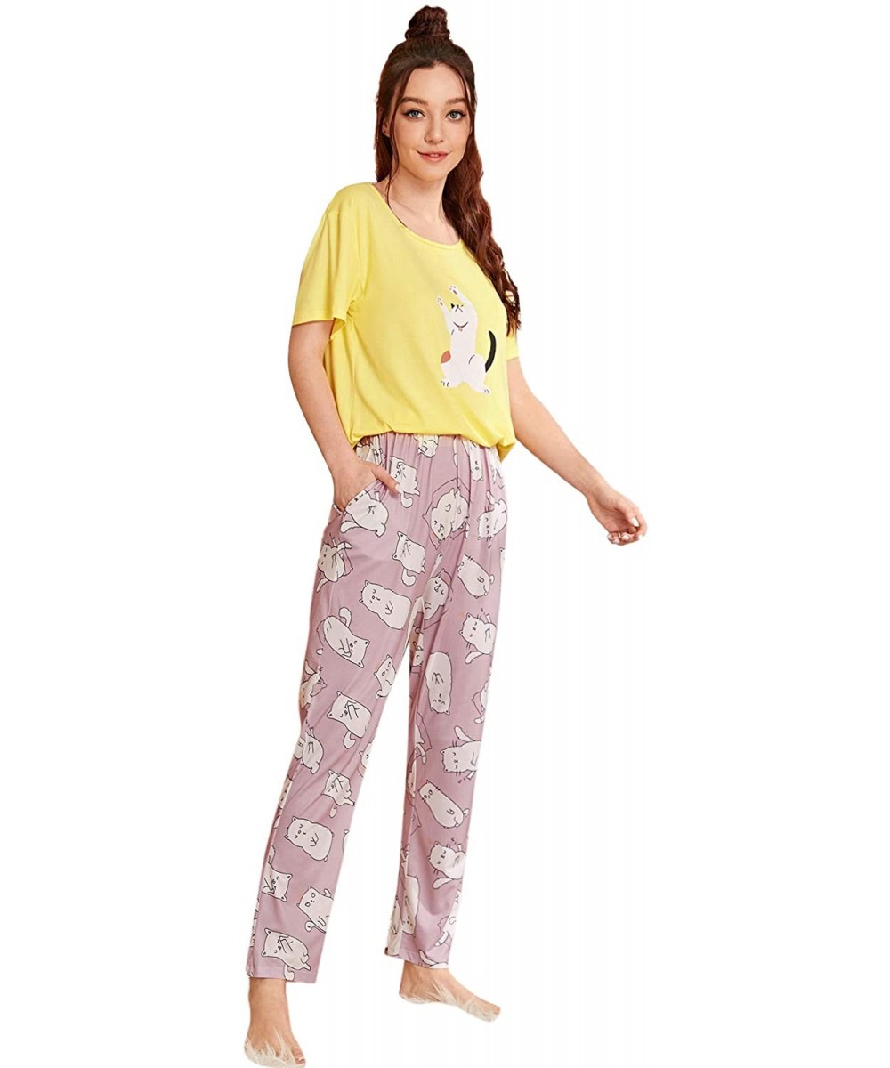 Sets Women's Kitty Cat Print Tee and Polka Dot Pants Pajama Set - Yellow Cat - CA197CZ9N5C