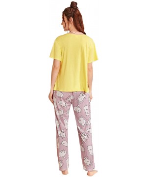 Sets Women's Kitty Cat Print Tee and Polka Dot Pants Pajama Set - Yellow Cat - CA197CZ9N5C