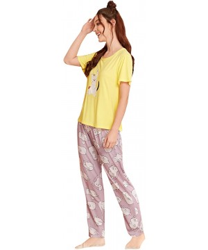 Sets Women's Kitty Cat Print Tee and Polka Dot Pants Pajama Set - Yellow Cat - CA197CZ9N5C