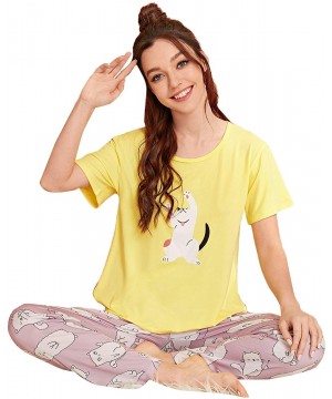 Sets Women's Kitty Cat Print Tee and Polka Dot Pants Pajama Set - Yellow Cat - CA197CZ9N5C