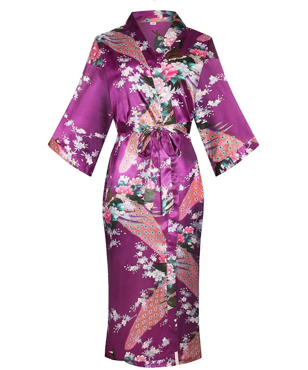 Robes Women's Peacock Floral Lightweight Kimono Robe Bride Bridesmaid Dress Gown - Purple - CA199I6DS0K