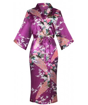 Robes Women's Peacock Floral Lightweight Kimono Robe Bride Bridesmaid Dress Gown - Purple - CA199I6DS0K