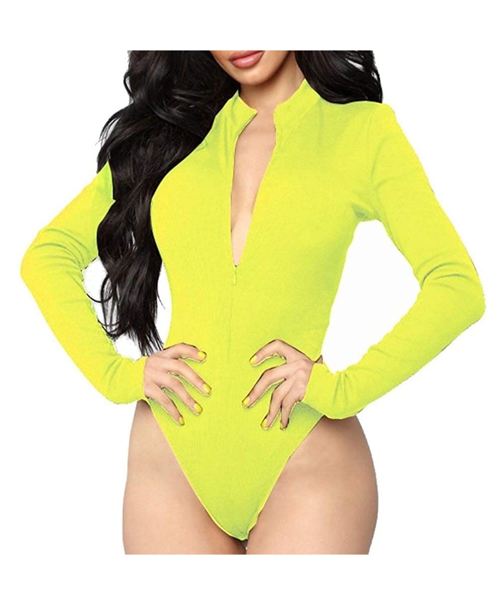 Shapewear Women Front Zip Round Neck Long Sleeve Bodysuit Thong Bodycon Ribbed Bodysuit Leotard Top - Neon Green - C018XGCXHNN