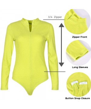 Shapewear Women Front Zip Round Neck Long Sleeve Bodysuit Thong Bodycon Ribbed Bodysuit Leotard Top - Neon Green - C018XGCXHNN