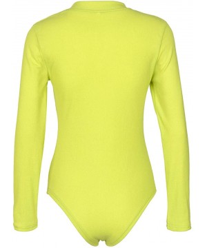 Shapewear Women Front Zip Round Neck Long Sleeve Bodysuit Thong Bodycon Ribbed Bodysuit Leotard Top - Neon Green - C018XGCXHNN