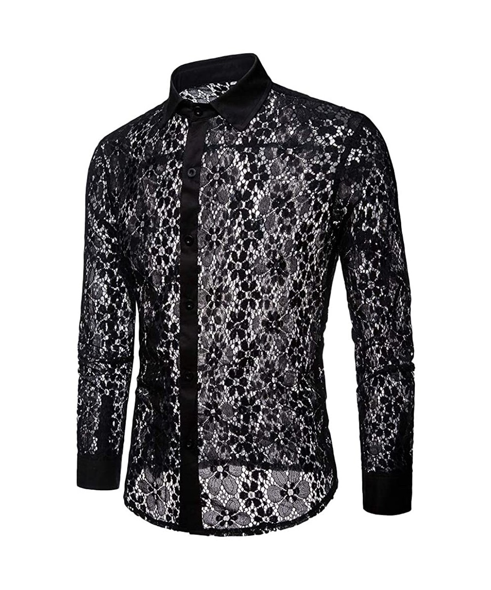 Undershirts Mens Sexy Shirts See Through Undershirts Long Sleeve Blouse - Black02 - CV199XO35AI