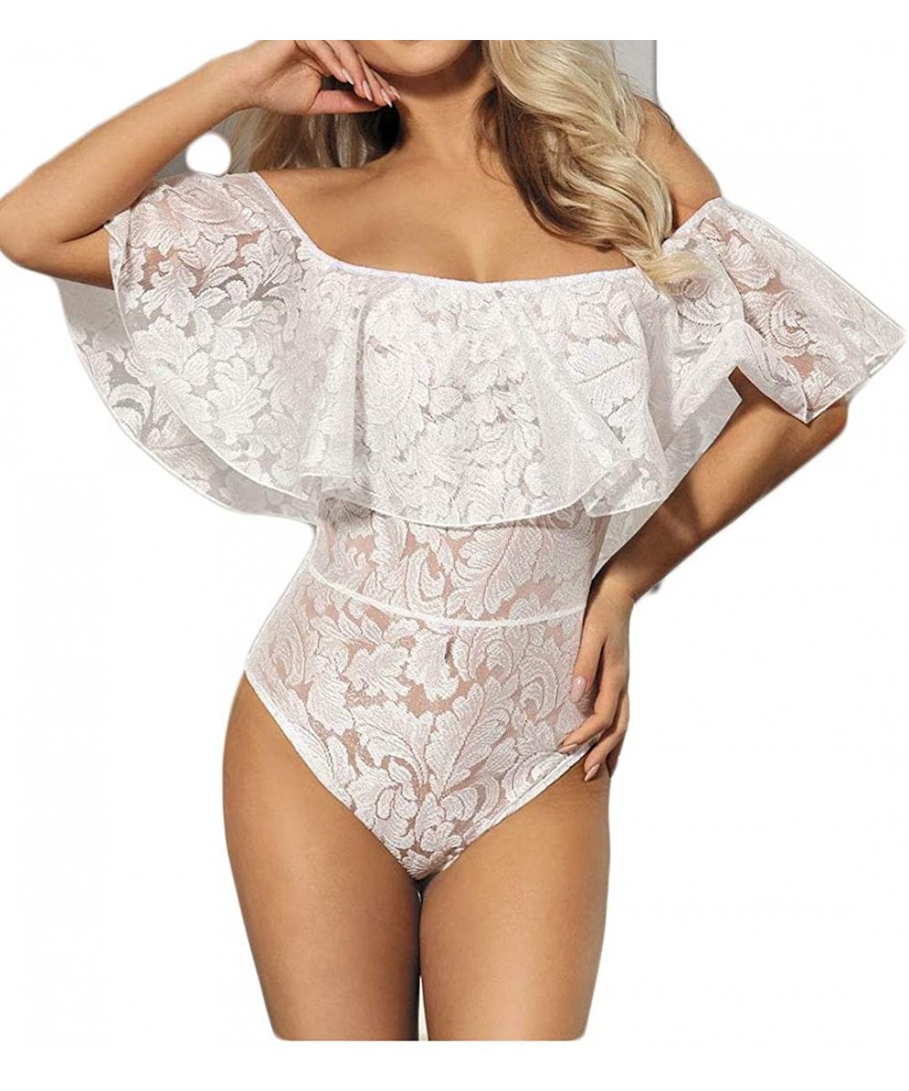 Shapewear Women's Sexy Ruffle Off Shoulder Bodysuits Lace Mesh See Through Leotard Top - R80496white - CY18AUCIRY8