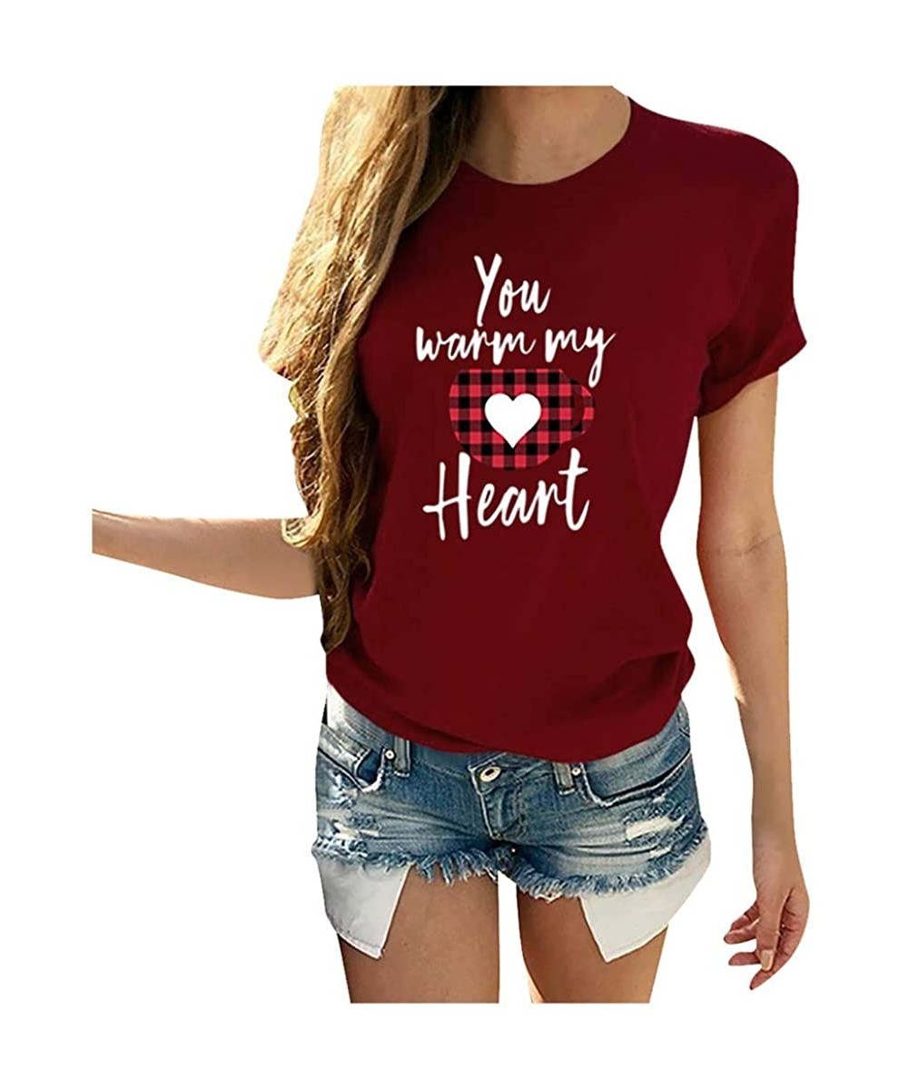 Thermal Underwear Women's Short Sleeve Tee Shirt Valentine's Day Casual Heart Print Blouse Round Neck Daily Tops T-Shirt - Wi...