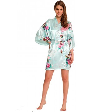 Robes Kimono Silk Feel Peacock/Floral Robe SR-13 Short with A (Extra $10 Value) - Aqua - C711SQTS32L