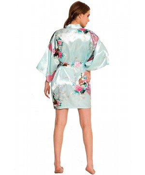 Robes Kimono Silk Feel Peacock/Floral Robe SR-13 Short with A (Extra $10 Value) - Aqua - C711SQTS32L