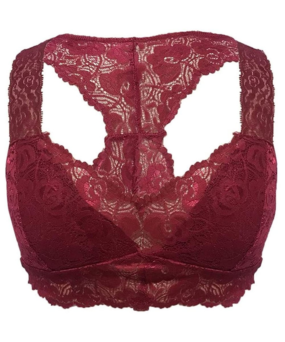 Bras Womens Plus Size Vest Crop Wire Free Lingerie Sexy V-Neck Bra Underwear - Wine - CM18YZS56HO