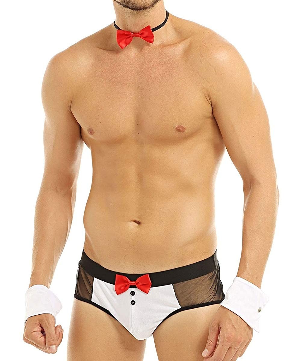 G-Strings & Thongs Men's Lingerie Set Waiter Tuxedo G-String Underwear Bow Tie Collar and Bracelets - Red Black Boxer - C818U...