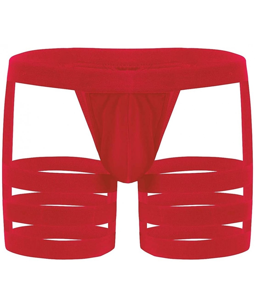 Bikinis Men's Sexy Hollow Out Bikini Briefs Shorts Bulge Pouch Underwear Underpants with Garters - Red - CW19DWE272R