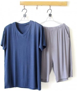 Sleep Sets Men's Pajamas Summer Bamboo Fiber Cotton Pajamas Short Sleeve Solid V-Neck - Blue Light Gray - C118UI03EZ4