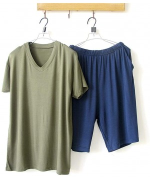 Sleep Sets Men's Pajamas Summer Bamboo Fiber Cotton Pajamas Short Sleeve Solid V-Neck - Blue Light Gray - C118UI03EZ4