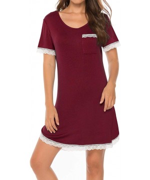 Nightgowns & Sleepshirts Womens Short Sleeve Sleepwear Sleep Dress Pajamas Lace Trim Nightgown - Wine Red - C918W55CEWN