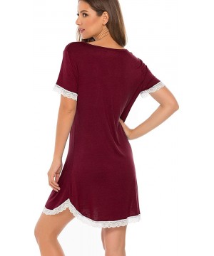 Nightgowns & Sleepshirts Womens Short Sleeve Sleepwear Sleep Dress Pajamas Lace Trim Nightgown - Wine Red - C918W55CEWN