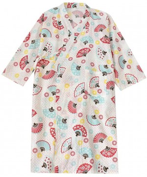 Robes Women Cotton Kimono Bathrobe with Pockets Robe 8 Color - Fan Print - CK1979AAZTX