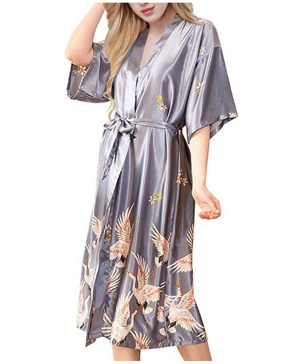 Robes Gray Satin Long Bathrobe Women Wedding Bride Bridesmaid Robe Nightgown Sleepwear Print Crane Kimono - Silver - CM194XC0AH9