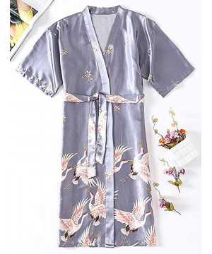 Robes Gray Satin Long Bathrobe Women Wedding Bride Bridesmaid Robe Nightgown Sleepwear Print Crane Kimono - Silver - CM194XC0AH9