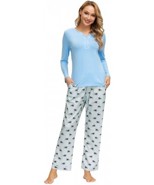 Sets Pajamas Women Long Sleeve Pjs Set V Neck Pajama Top Printed Pants with Pockets - Blue - CC18XSM369D