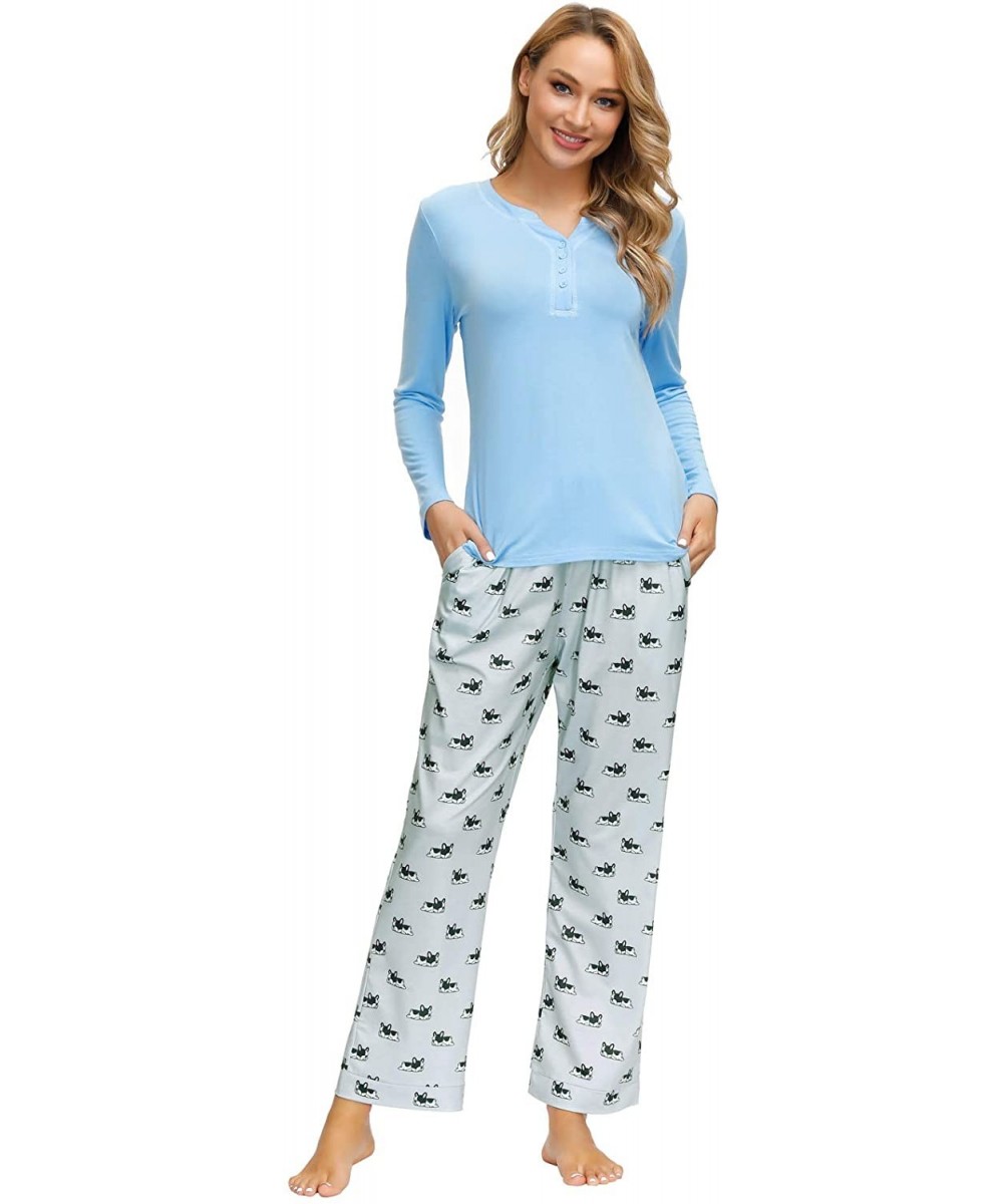 Sets Pajamas Women Long Sleeve Pjs Set V Neck Pajama Top Printed Pants with Pockets - Blue - CC18XSM369D