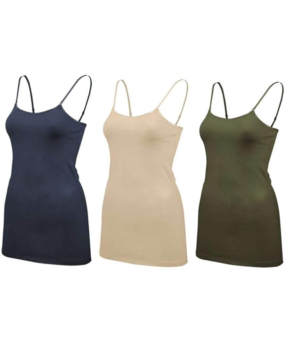 Camisoles & Tanks Multi Pack Women's Basic Long Length Adjustable Strap Tank Top Camisole - 3 Pack - Navy / Nude / Olive - CF...