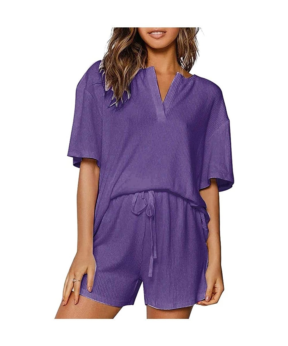 Sets Women's Pajama V-Neck Rib Short Sleeve Sleepwear Soft Pj Set Top and Shorts Pajamas Set - Blue - CE19D6LKK6G