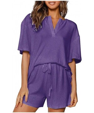 Sets Women's Pajama V-Neck Rib Short Sleeve Sleepwear Soft Pj Set Top and Shorts Pajamas Set - Blue - CE19D6LKK6G