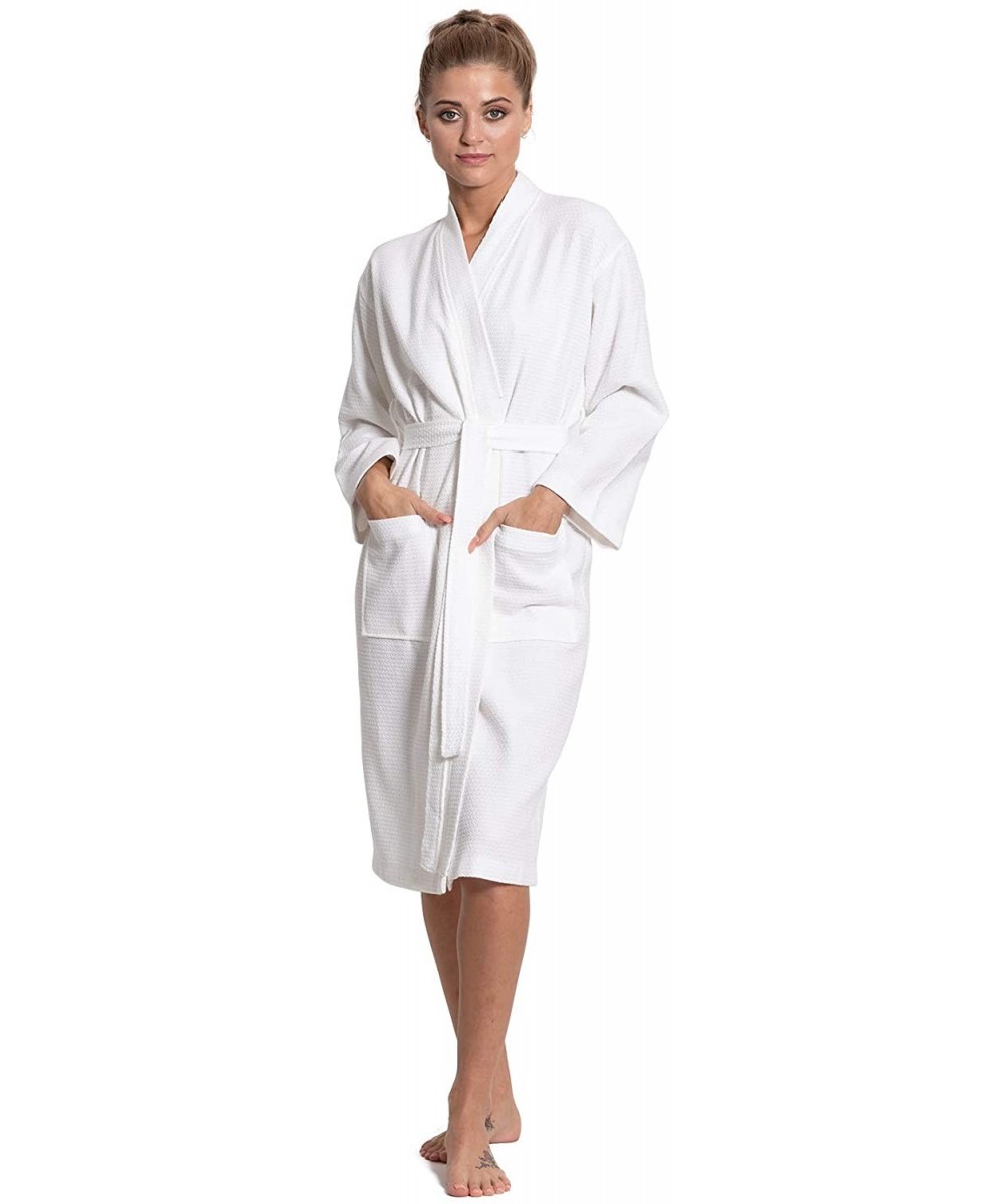 Robes Women's Long Waffle Robe- 100% Cotton Kimono Bathrobe Made in Turkey - White - C712OBHSUBO