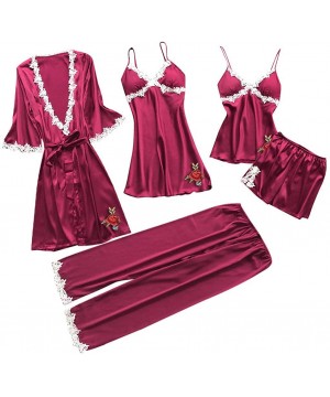 Sets Womens Sexy Satin Pajamas Set 2pcs Nightgown with Robe Dress Silk Babydoll Sleepwear Nightdress Pajamas Set - D-wine Red...