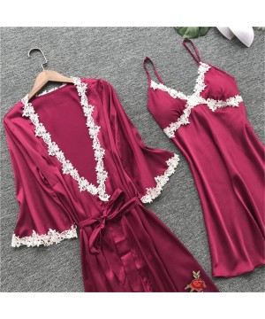 Sets Womens Sexy Satin Pajamas Set 2pcs Nightgown with Robe Dress Silk Babydoll Sleepwear Nightdress Pajamas Set - D-wine Red...