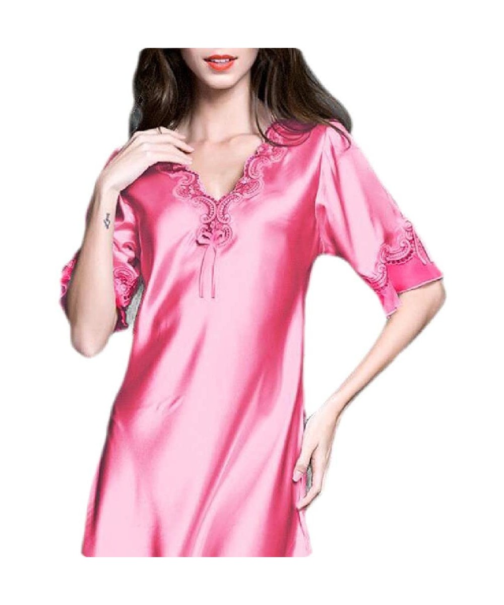 Nightgowns & Sleepshirts Sexy V-Neck Satin Short Sleeve Loose Fit Nightgown Sleep Dress - Rose Red - CM19DNZ7GAE