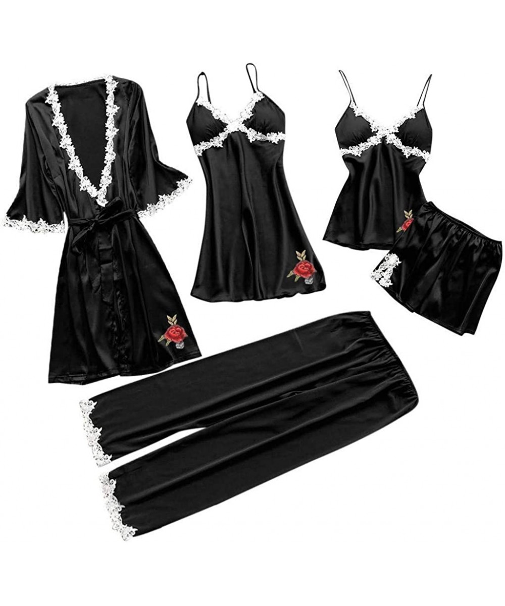 Robes 5 PCS Sleepwear Women's Chemise Nightgown Full Slip Lace Lounge Dress - Black - C418QE25AAW