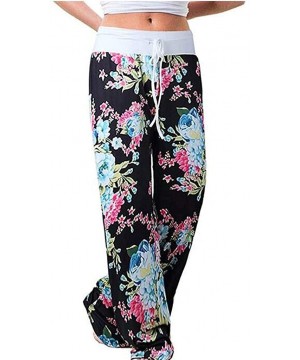 Bottoms Womens Stretch Floral Print Drawstring Wide Leg Lounge Pants Chinese Peony Pants - Bk - CC195ZZ8UTE