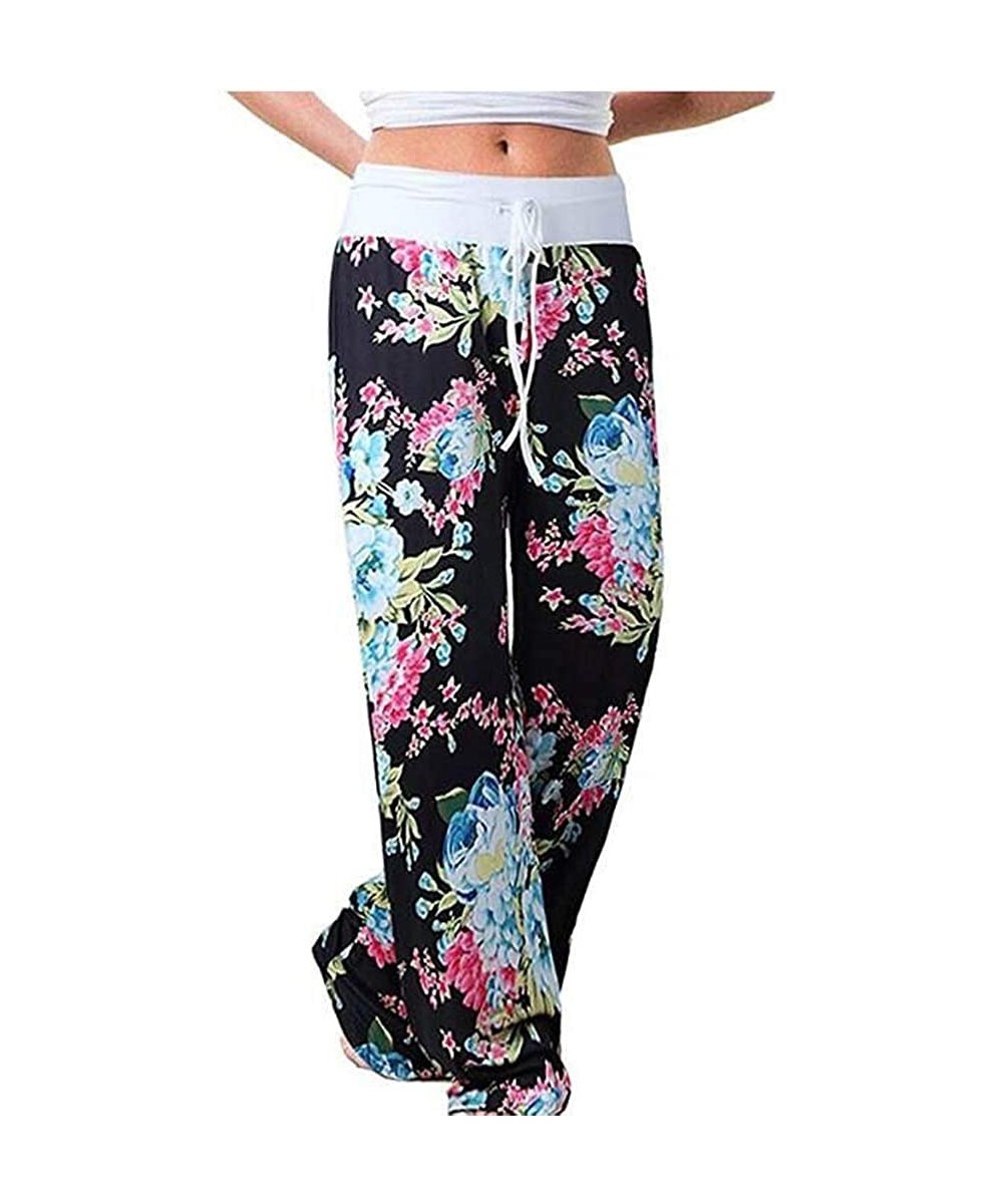 Bottoms Womens Stretch Floral Print Drawstring Wide Leg Lounge Pants Chinese Peony Pants - Bk - CC195ZZ8UTE