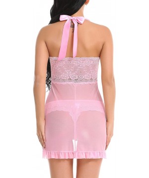 Baby Dolls & Chemises Women Lingerie Nightwear Sexy Babydoll Lace Chemise - Pink - C718QWHD6MI