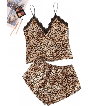 Sets Women's Sexy Polka Dot Sleeveless Lace Satin Cami & Shorts Pajamas Set - Leopard Multicolor - CI19D0A7WZX